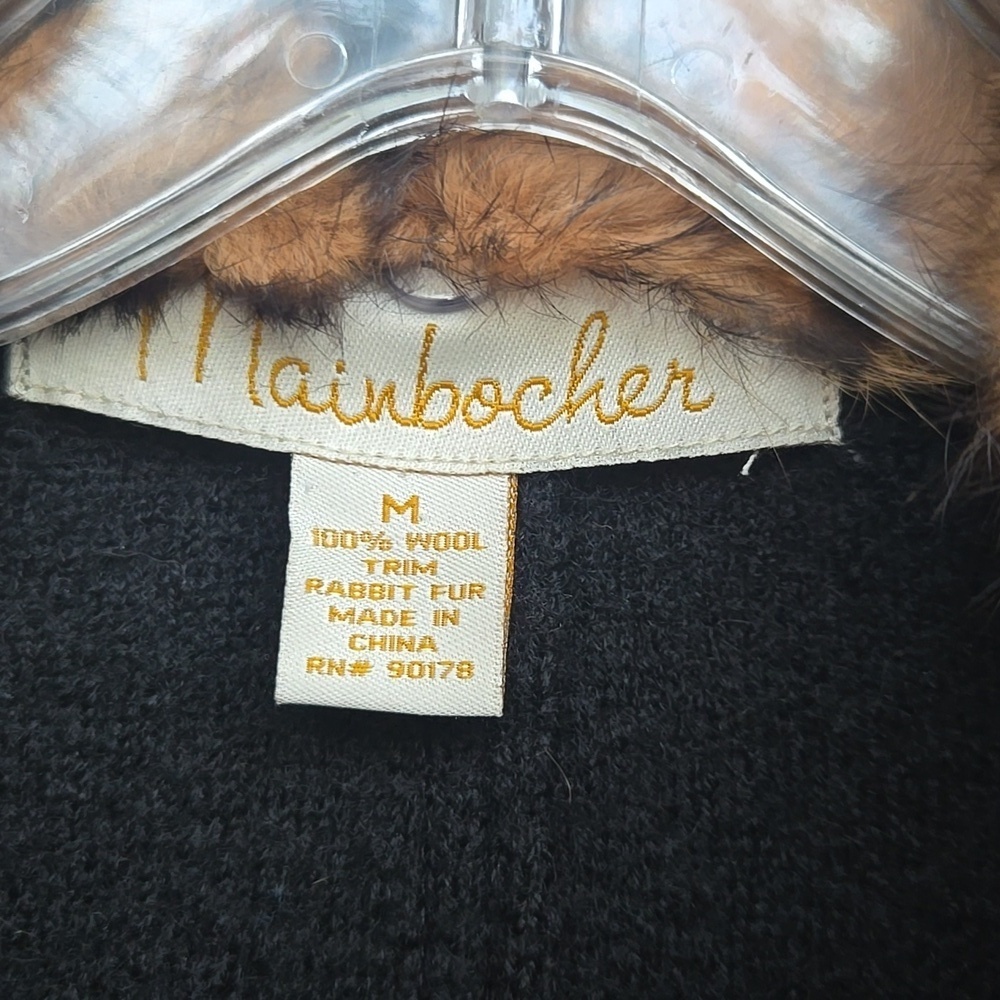 Mainbocher Black Trench Coat with Faux Fur Collar 100% Wool - Picture 2 of 8